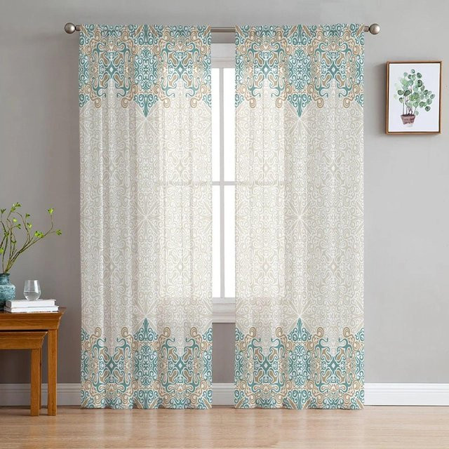 Transparenter Voile-Vorhang von A Family Of Home Textiles mit Mandala-Bohemien-Fliesenmuster in Weiß, Breite: 135 cm, Höhe: 114 cm - Bild 1