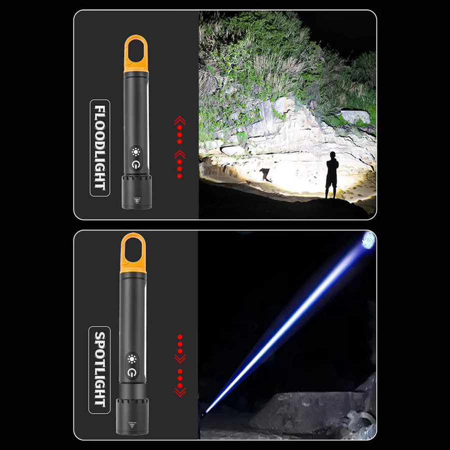 Multifunktionale Taschenlampe in Schwarz mit Zoom-Funktion, Magnethaken und Seitenlichtern - Bild 3