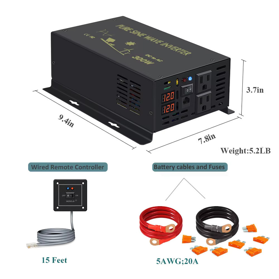 300 W Sinus-Wechselrichter 12 V auf 230 V AC Spannungswandler mit Fernbedienung in Schwarz - Bild 2
