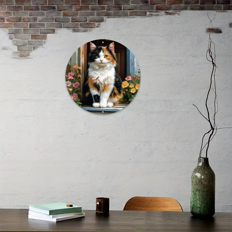 Potdemiel Vintage-Wandschild aus Aluminium mit floralem Kaliko-Katzen-Motiv, rund, Mehrfarbig - Bild 3
