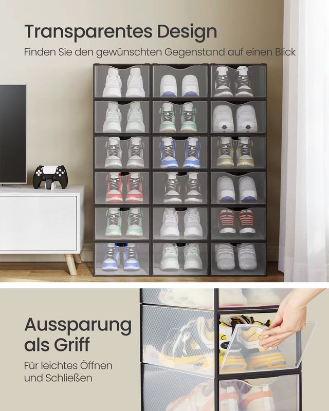 SONGMICS Schuhboxen Set aus Kunststoff mit Tür, transparent und schwarz, 18er Set, stapelbar - Bild 3