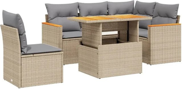 vidaXL 6-tlg Garten-Sofagarnitur in L-Form aus Polyrattan mit Kissen und Couchtisch, Beige/Grau - Bild 1