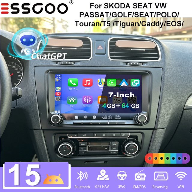 Essgoo Android 15 Autoradio mit 9 Zoll Display, 4GB RAM, 64GB Speicher, kabelloses CarPlay, Android Auto, GPS, Bluetooth und WLAN für Skoda Seat VW Passat Golf Polo Tiguan Touran Jetta, Schwarz - Bild 1