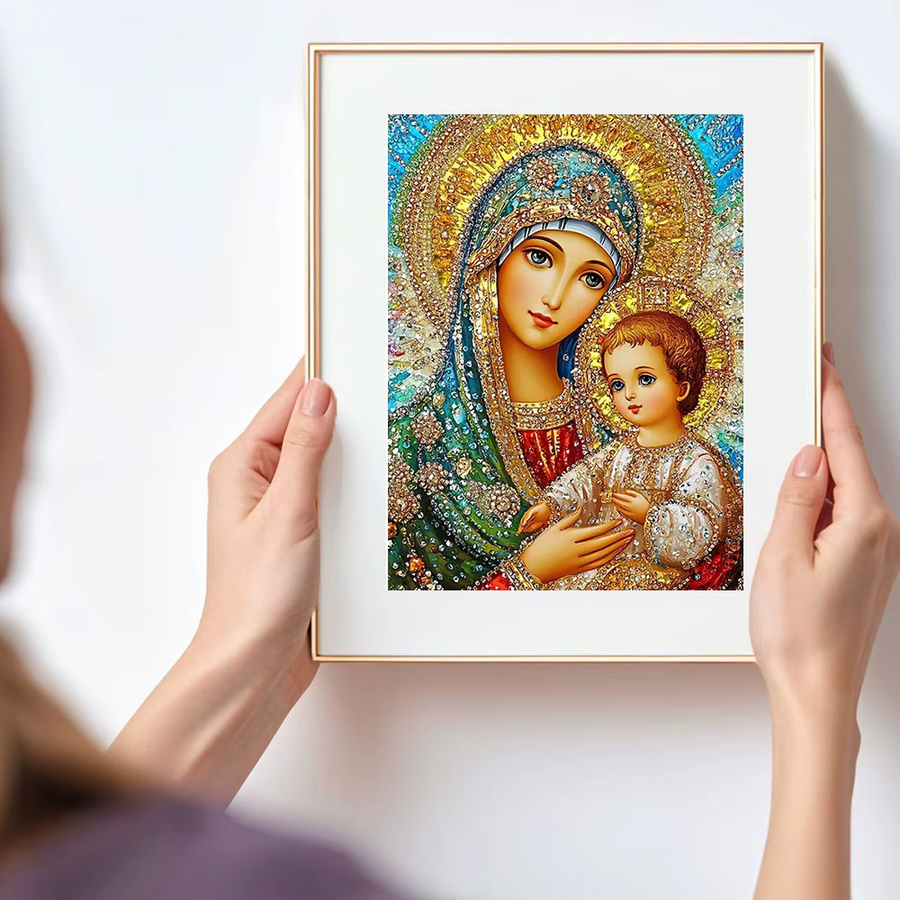 Huacan DIY Diamantmalerei Porträt Heilige Mutter mit Kind, Rund, Mehrfarbig - Bild 3