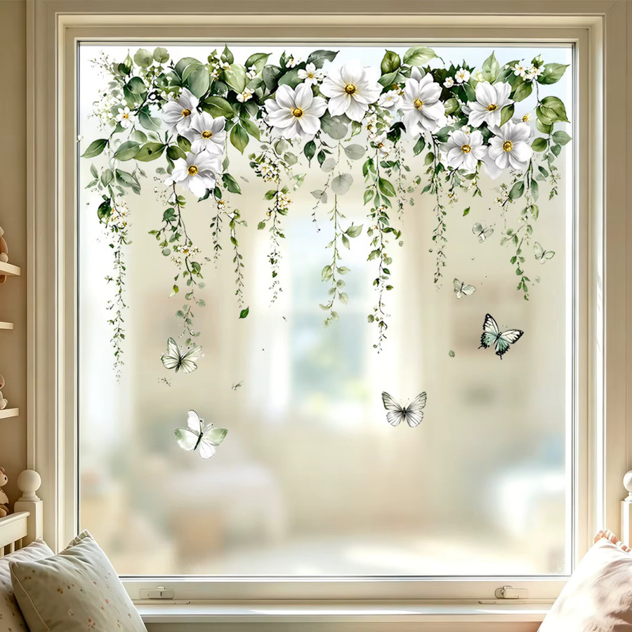 Kingsmile Mattierte Fensterfolie mit weißen Blumen und Schmetterlingen als abnehmbare Fensterdekoration - Bild 2