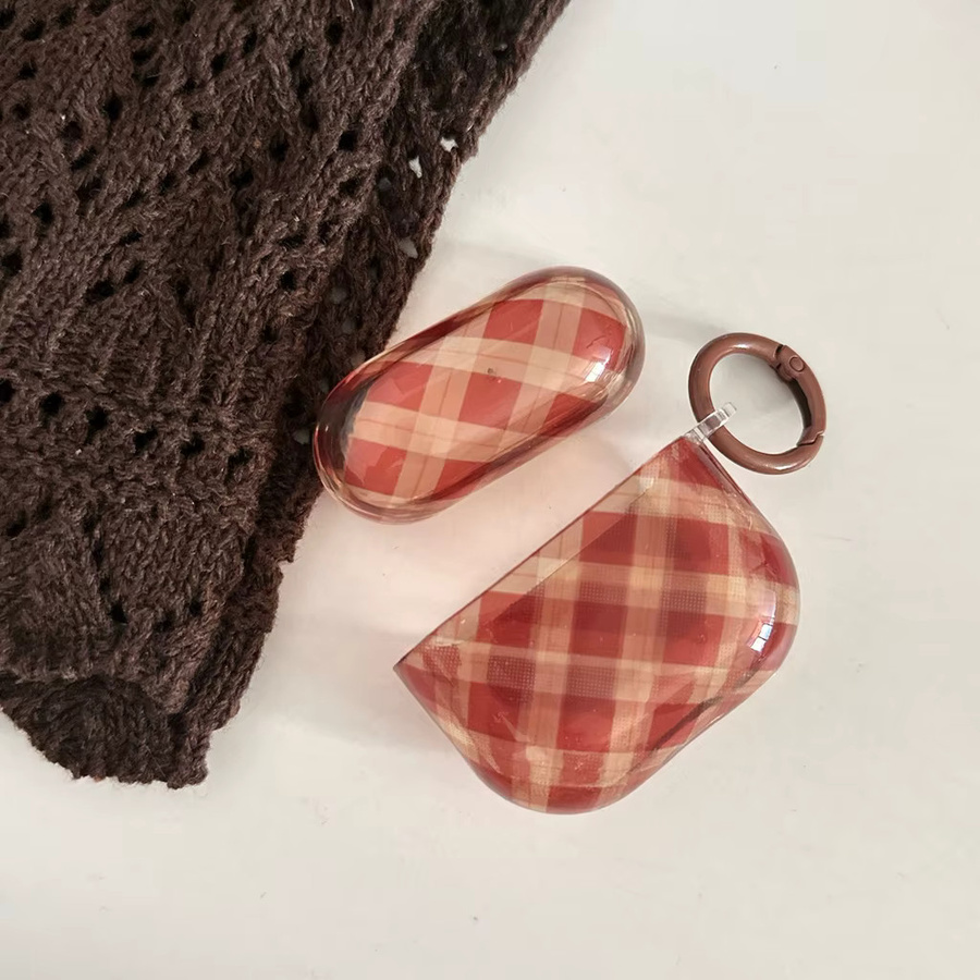 Stoßfeste Schutzhülle für Apple AirPods 1, 2, 3, 4 und Pro 2/3 mit Haken im Retro-Rhombus-Gittermuster in Rotbraun - Bild 3