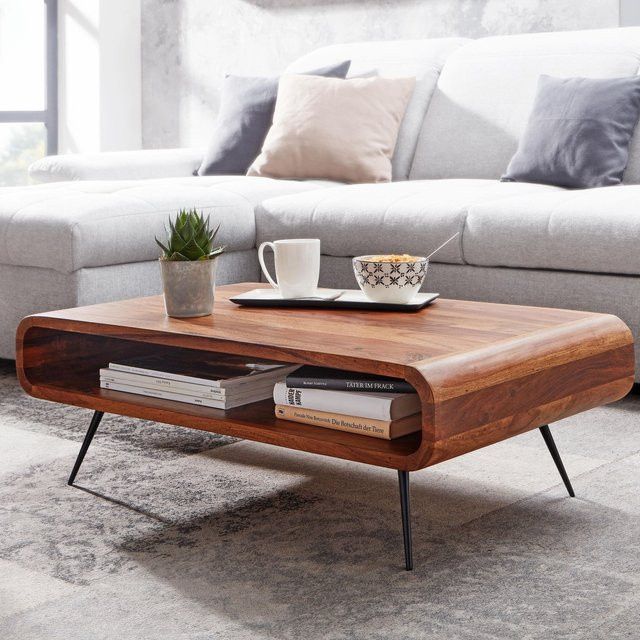 FineBuy Couchtisch aus Sheesham Massivholz in Braun mit Retro Design, B: 90 cm, T: 55 cm, H: 30 cm - Bild 1