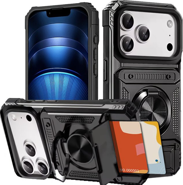 Robuste iPhone Hülle mit Kartenfach und Ständer in Schwarz für iPhone 17 bis iPhone 11 Modelle - Bild 1