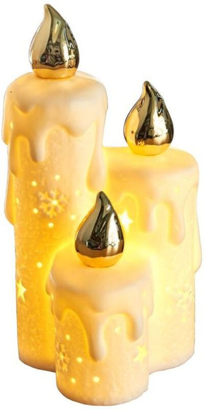 Buri Kerzen-Trio aus Keramik in Weiß, batteriebetriebene elektrische Stumpenkerzen für Weihnachten, modern und ästhetisch, H x B x T: 17,4 x 9 x 8,7 cm - Bild 1