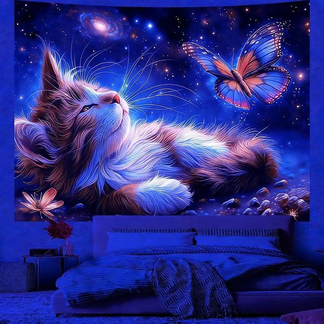 UV-reaktiver Katzen Wandteppich von JMG Household Supplies, bunter Wandbehang mit Katzen-Illustration für Schlafzimmer und Party, Breite: 100 cm, Höhe: 75 cm - Bild 1
