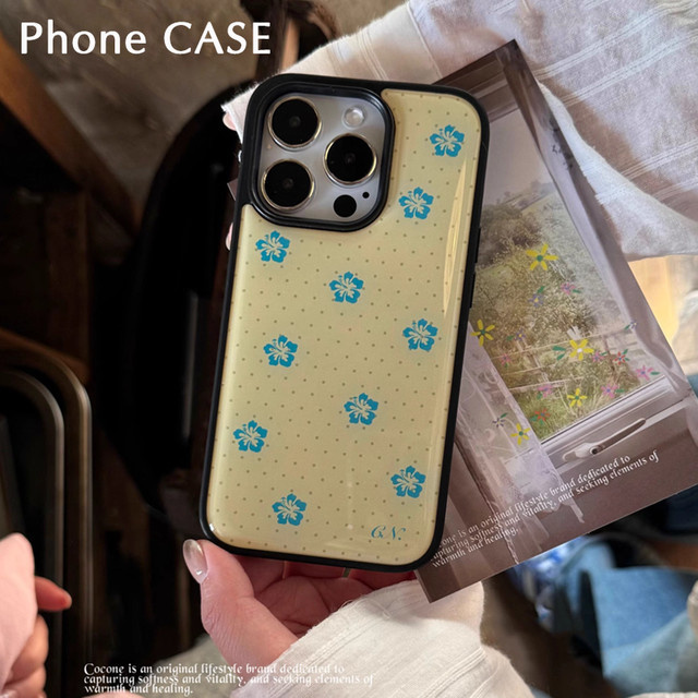 Koreanische Handyhülle mit Polka Dot Blumenmuster und silbernem Rand in Gelb für iPhone XR bis iPhone 17 Pro Max, Anti-Drop Epoxy Hülle - Bild 1