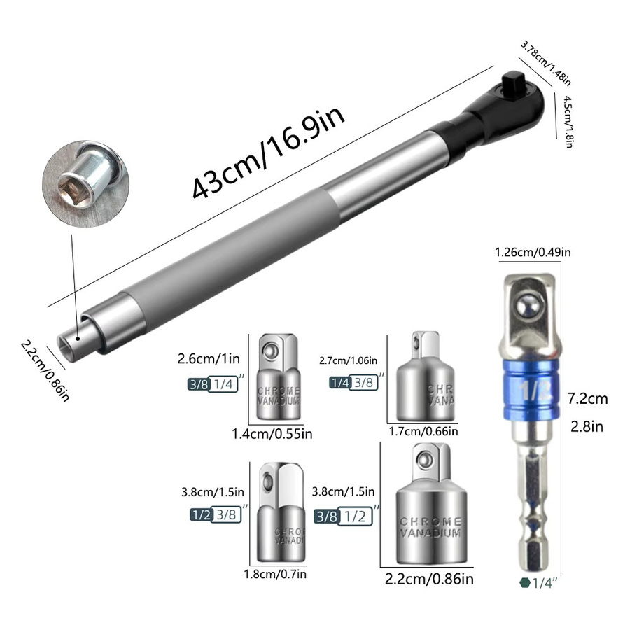 TKKEACE Schlagschraubenschlüssel Set in Schwarz-Silber mit 4 Steckschlüsseladaptern und 1/2 Zoll Bohreradapter für Autoreparaturen und Arbeiten in engen Räumen - Bild 1