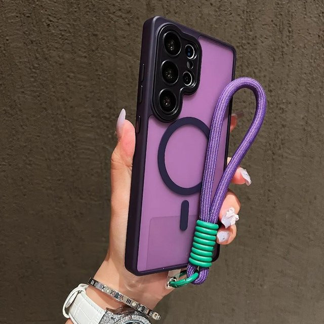Magnetische Hülle mit Lanyard für Samsung Galaxy A56 A16 A36 A26 A06 A55 A35 A25 A15 A05 5G, Matt Transparent, Violett, MagSafe kompatibel - Bild 1