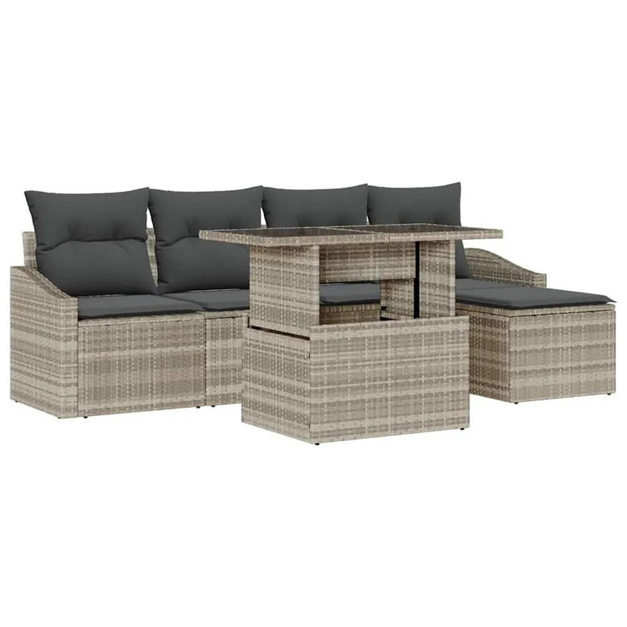 vidaXL Garten-Sofa-Set aus Polyrattan in Hellgrau, 6-teilig mit Kissen, Tisch und Fußhocker - Bild 2