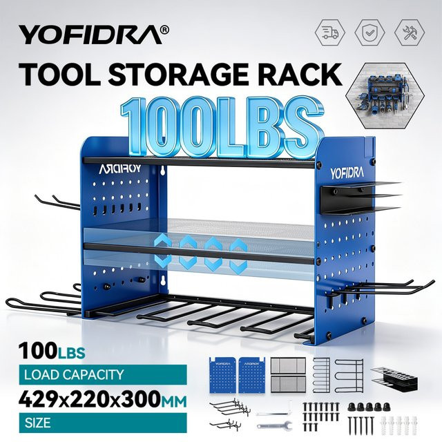 YOFIDRA 3-stufiger Elektrowerkzeug-Organizer zur Wandmontage in Blau, Hochbelastbares Pegboard-Aufbewahrungsregal und Bohrmaschinenhalter für die Garage, B/T/H: 42,9 x 30,0 x 22,0 cm - Bild 1