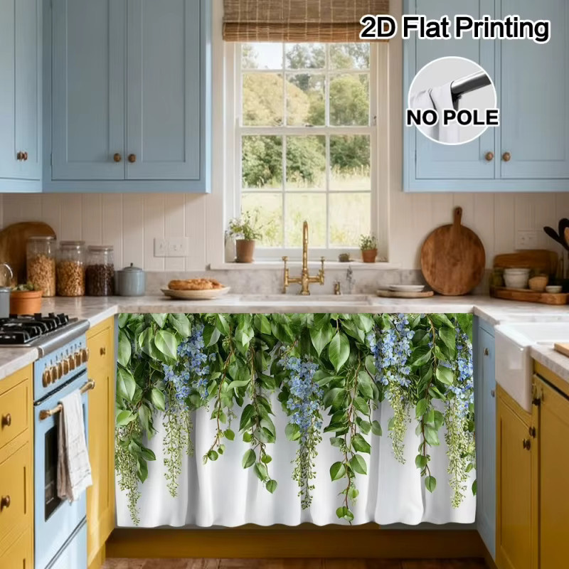VIKAMA Küchenschrankvorhang mit Blumenranken-Design, halbtransparenter Sichtschutz für Küche und Bad mit Stangeneinschub - Bild 5