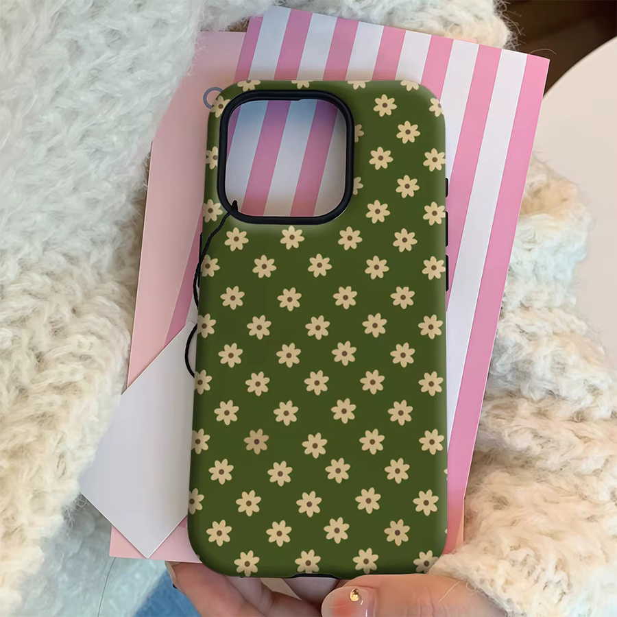 Handyhülle mit grünem und beigem Blumenmuster für Apple iPhone 17 16 15 14 13 12 11 Pro Max Plus mit doppelschichtiger Rückseite - Bild 4