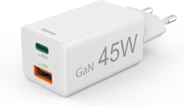 Hama Mini-Schnellladegerät mit 1x USB-C PD und 1x USB-A QC, 45 W, Weiß - Bild 1