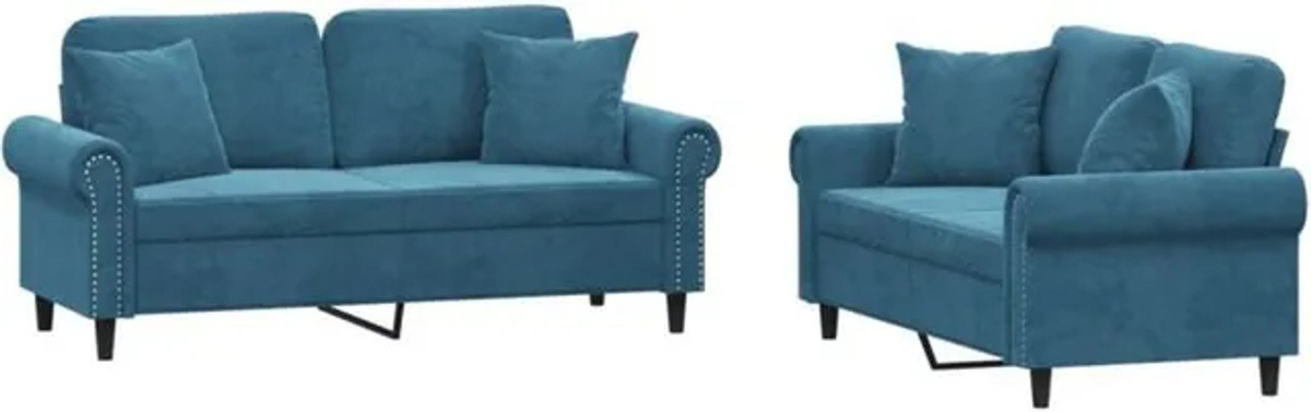 Vidaxl 2-tlg. Sofagarnitur aus Samt und Polyester in Blau mit 2-Sitzer und Kissen - Bild 1