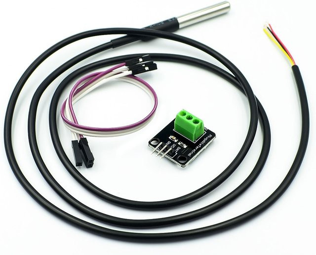 DS18B20 Digitales Temperatur-Sensor-Modul Kit mit wasserdichter Edelstahl-Sonde und Klemmen-Adapter für Arduino, Schwarz, Kabellänge: 100 cm - Bild 1