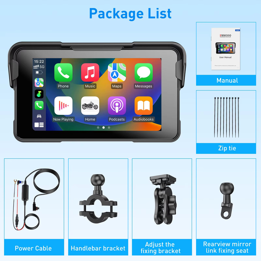 ESSGOO 5 Zoll tragbares Motorrad-Display mit kabellosem CarPlay und Android Auto, IP67 wasserdicht, GPS-Navigation und Bluetooth, Farbe: Schwarz - Bild 8
