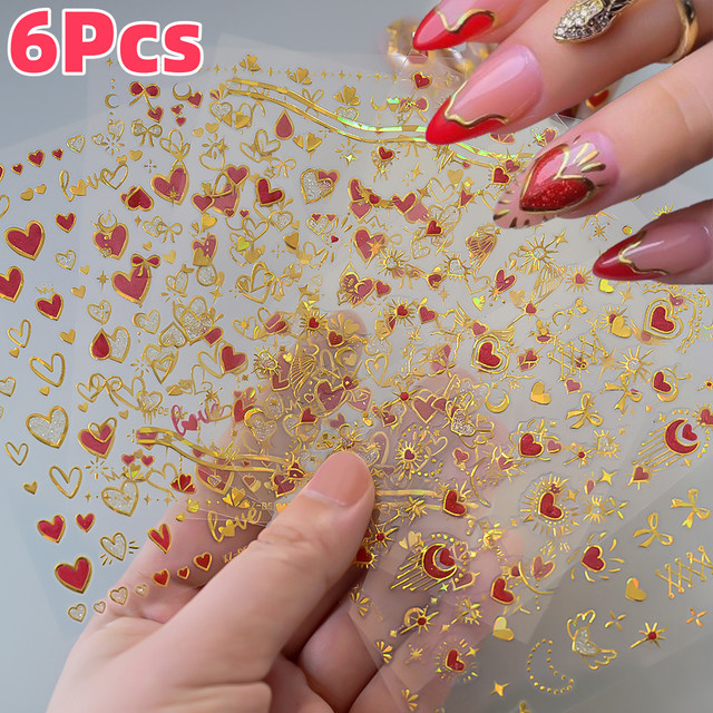 MAFANAILS Nagelaufkleber, 3D Laser Gold Herz Bogen Schloss, Metallic, 6 Stück - Bild 1