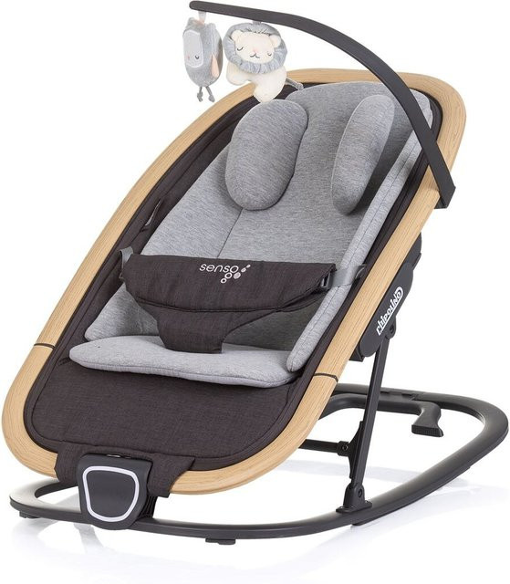 Chipolino Babywippe Senso in Grau mit Holzoptik, Spielbogen und Kopfstütze, faltbar mit 3-Punkt-Gurt - Bild 1