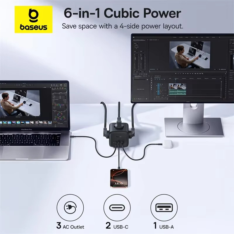 Baseus EnerFill FA11 Desktop-Ladestation mit 3 Schuko-Steckdosen, 1 USB-A und 2 USB-C in Schwarz - Bild 3