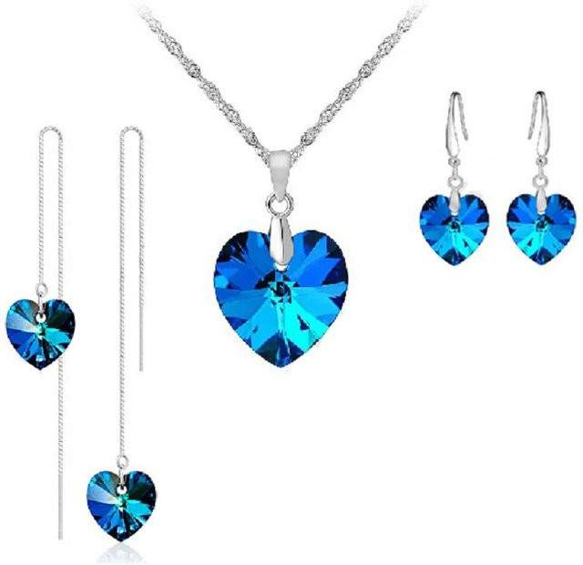 YAAMELI Schmuckset, 925 Sterlingsilber, blauer österreichischer Kristall, Herz-Anhänger, Halskette, Ohrringe - Bild 1