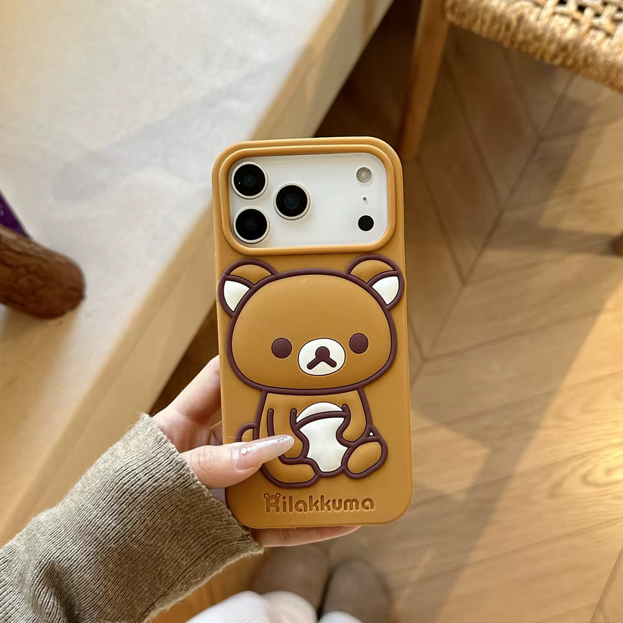 Rilakkuma Bär Handyhülle für Apple iPhone 17 16 15 14 13 Pro Max, 3D Stereoskopisches Design, Stoßfeste Weiche Silikonhülle, Braun - Bild 2