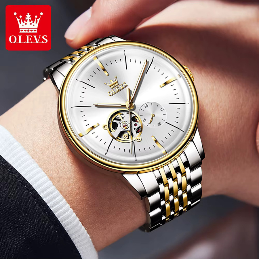 OLEVS Armbanduhr Automatik, Leder, Gold, Herren - Bild 3