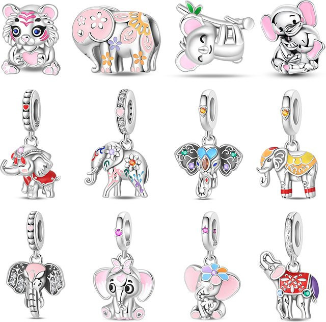 Pandach Charms, 925 Silber, Perlen, rosa Blumen, Elefanten, Damen - Bild 1