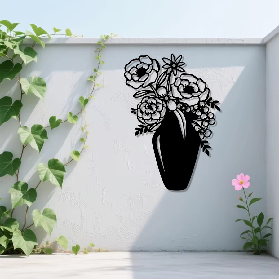CIFBUY Elegante Wandkunst-Vase aus Metall in Schwarz mit floralem Blumen-Design aus rostbeständigem Eisen - Bild 3