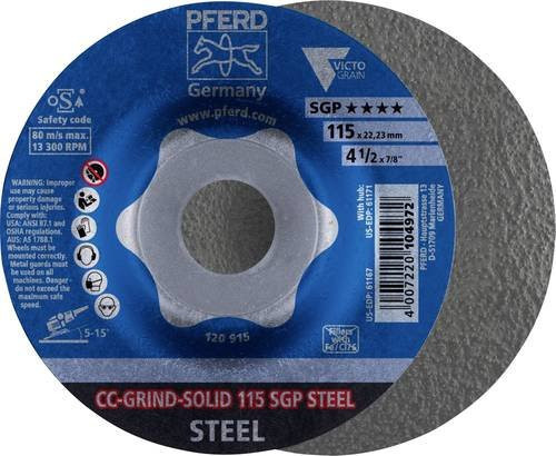 PFERD CC-GRIND SOLID Schleifscheibe für Stahl, Blau, Durchmesser: 115 mm, Bohrung: 22,23 mm, 10 Stück - Bild 1