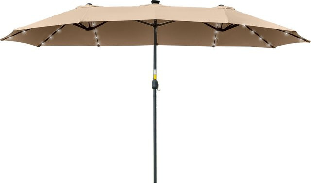 Outsunny Doppel-Gartenschirm mit Kurbel und 48 Solar-LED-Lichtern, Khaki, Durchmesser: 4,5 m - Bild 1