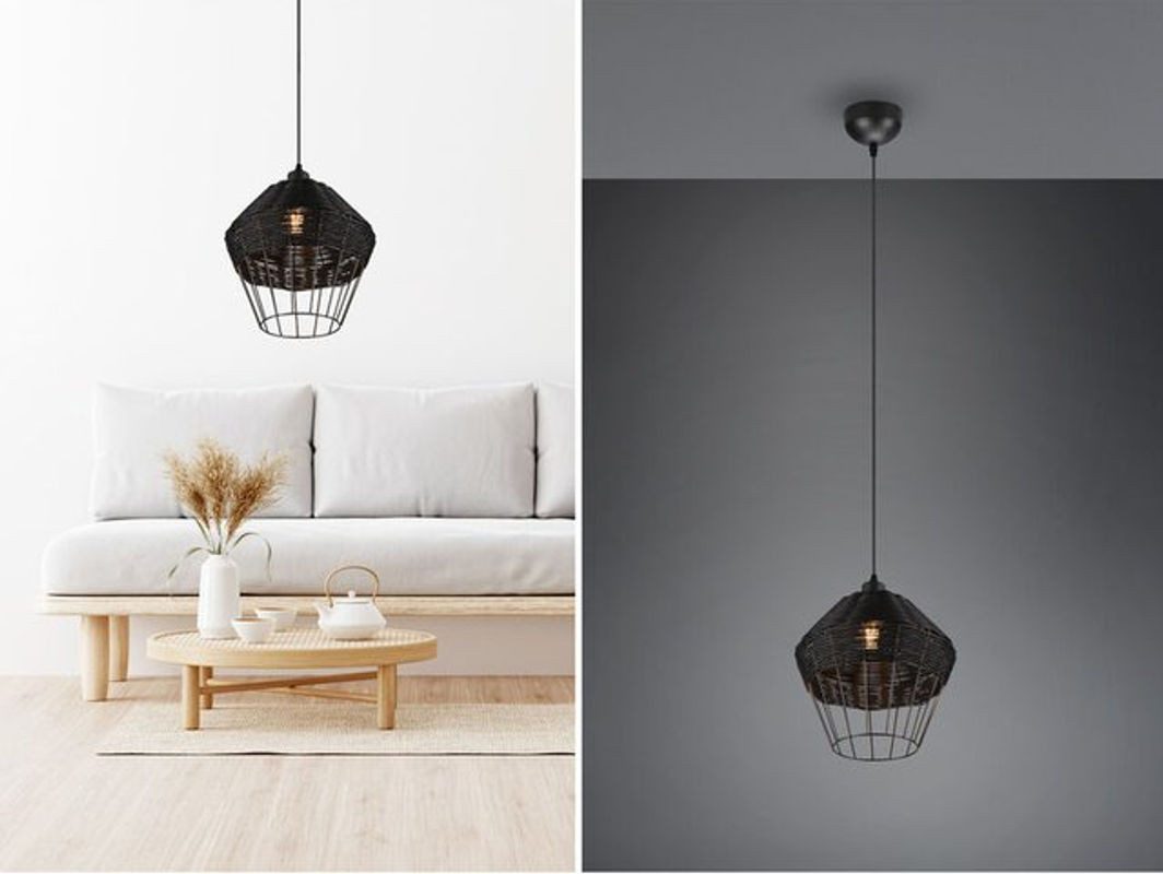 Reality Leuchten Pendelleuchte Borka im Boho Stil mit Rattan und Metall in Schwarz, Durchmesser: 30 cm - Bild 1