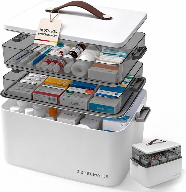 Zedelmaier Medikamentenbox 3-stöckig in Weiß mit Tragegriff und herausnehmbaren Fächern, Hausapotheke Organizer für Zuhause und Reise, B/T/H: 37 x 23 x 27 cm - Bild 1