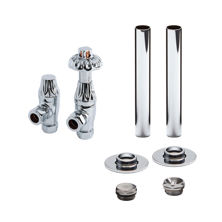 Hudson Reed Retro Winkelventilset mit Rohrhülsen und Thermostatkopf aus Messing in Chrom/Silber 1/2 Zoll - Bild 1
