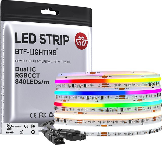 BTF-LIGHTING COB RGBWC LED-Streifen WS2811 Dual-IC adressierbare Beleuchtung, Multicolor, DC24V - Bild 1