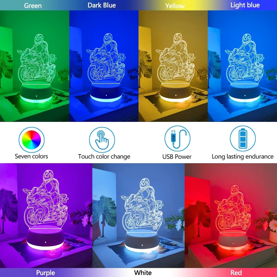 3D-Motorradfahrer LED-Nachtlicht mit USB-Anschluss und RGB-Farbverlauf in Weiß und Mehrfarbig für dein Schlafzimmer und den Schreibtisch - Bild 3