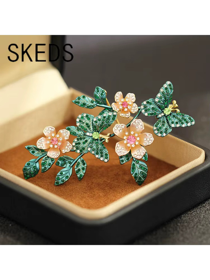 SKEDS Brosche, Rosa Blume und grüner Schmetterling, Kristall, Damen - Bild 5