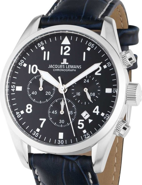Jacques Lemans Chronograph, Quarz, Edelstahl, Blau, Leder, 42 mm, Herren - Bild 1