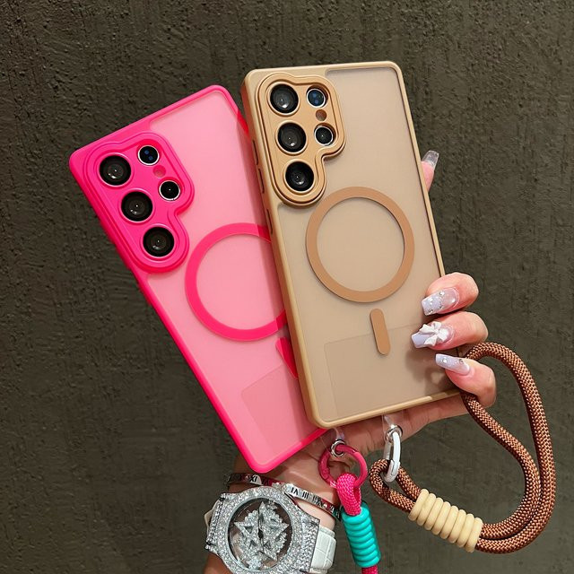 Frosting Translucent Handgelenk Chain Strap Case für Samsung Galaxy S26 S25 Edge S24 Ultra S23 S25FE mit magnetischer Abdeckung und Wireless Charging, Transparent/Weiß - Bild 1