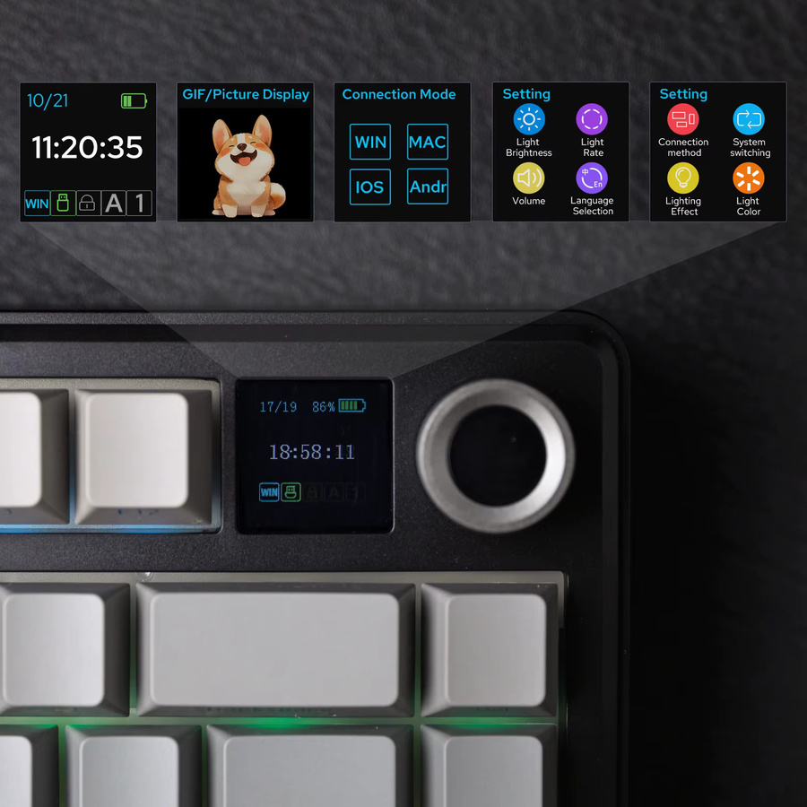 EPOMAKER X AULA F75 MAX Mechanische Tastatur mit 75 % ANSI-Layout, kabellos via Bluetooth oder 2,4 GHz sowie kabelgebunden, mit TFT-Bildschirm und Drehknopf, Pink/Weiß - Bild 3
