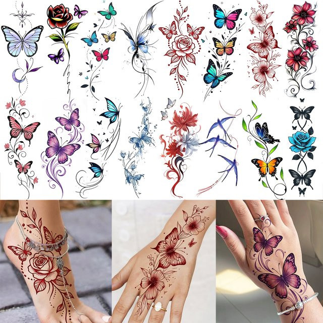 GoldOcean Temporäre Tattoos Schmetterlingsblumen und Halbmond, Damen - Bild 1