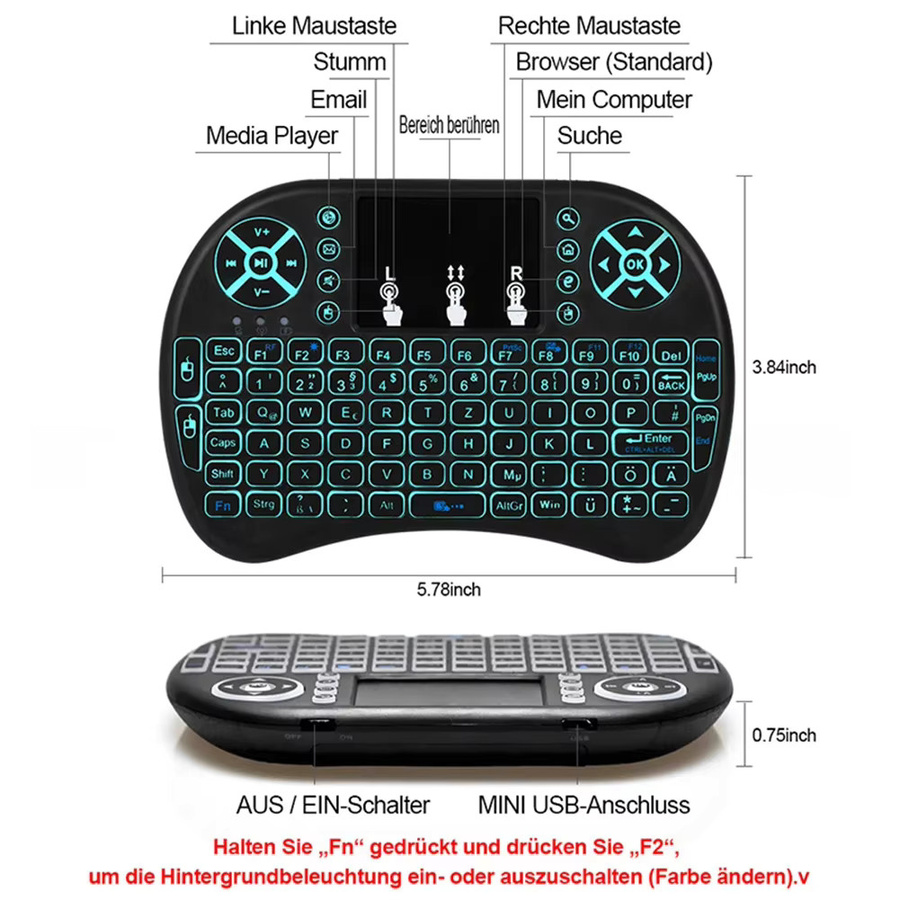 AyeBeau Air Mouse Mini-Funktastatur mit Touchpad und RGB-Hintergrundbeleuchtung in Schwarz, AZERTY Layout für Französisch, Spanisch, Portugiesisch und Russisch - Bild 4