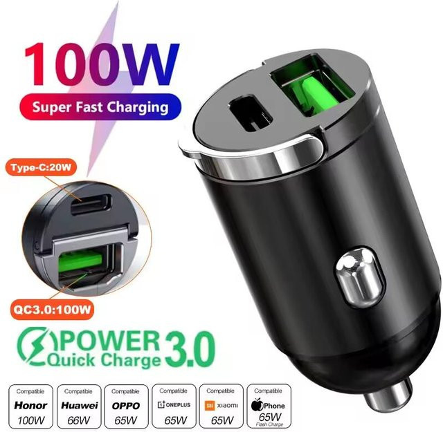 Mini 200W USB C PD QC Auto Ladegerät mit Pull Ring für iPhone, Xiaomi, Samsung und Huawei in Schwarz - Bild 1