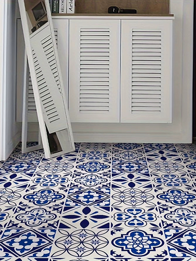 Selbstklebende Tapete mit geometrischem Muster in Blau, ölbeständige Fliesentapete für Küche und Badezimmer, 1 Rolle - Bild 3