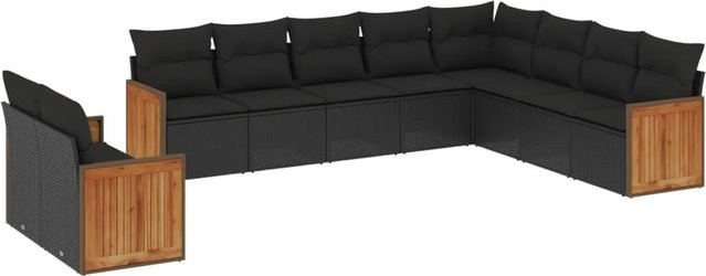 vidaXL 10-tlg. Garten-Sofagarnitur aus Poly-Rattan in Schwarz mit Kissen und Akazienholz-Gestell - Bild 1