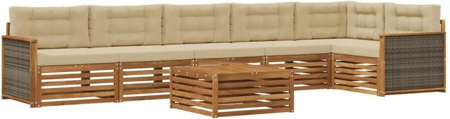 vidaXL Outdoor-Sofagarnitur in L-Form aus massivem Akazienholz mit 7 Kissen in Natur und Beige - Bild 1